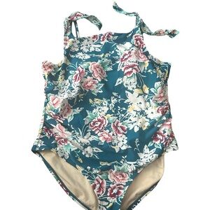Carole Hochman Floral Teal Swimsuit with Bow Straps